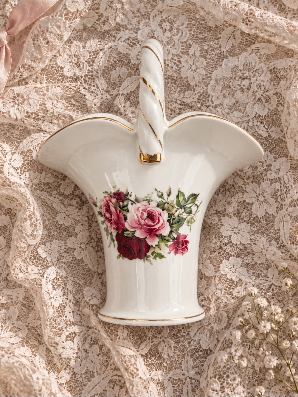 Vintage White Ceramic Basket with Pink & Red Rose Bouquet